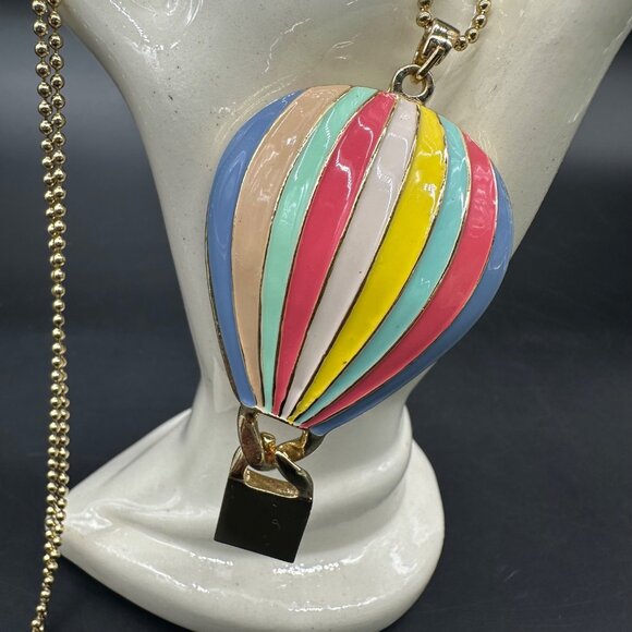 Hot Air Balloon Necklace Enamel Rainbow Stripes Charming Charlie Statement - Picture 1 of 8